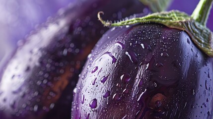 Fresh purple eggplants with water drops closeup. Organic vegetables. Healthy food concept.