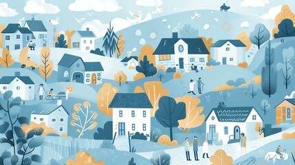 A vector illustration of a small town with a blue sky and white clouds in the background. - Powered by Adobe