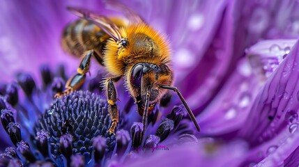 A bee pollinates a purple flower. The bee is covered in yellow and black fur, and the flower is a deep purple color. - obrazy, fototapety, plakaty