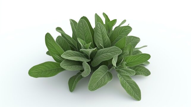Fresh green sage leaves isolated on white background. The leaves are arranged in aè‡ªç„¶çš„cluster. The sage leaves are detailed and realistic.