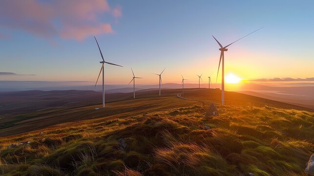 A beautiful landscape image of wind turbines on a hill at sunset.