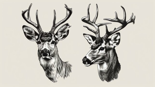 A set of two hand-drawn deer heads with antlers. The deer are both looking to the left of the frame. The image is in black and white.