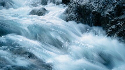 Rushing water in a mountain stream. The water is white and foamy, and the rocks in the stream are dark and moss-covered.