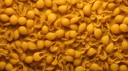 Close-up of pasta of various shapes. Background and texture of wholemeal flour products.
