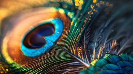 A closeup of a peacock feather, showing its vibrant colors and intricate patterns. The feather is a symbol of beauty, luxury, and spirituality.