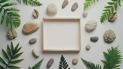 Fototapeta na wymiar leaves, stones, and wood, providing an empty canvas for an advertising card or invitation with the concept of nature, summer poster aesthetic, presented in a flat lay composition.