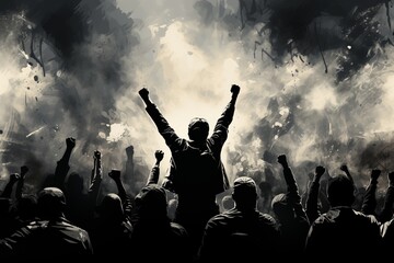 A large crowd of people gathers on an urban street, raising their fists in solidarity, surrounded by smoke or mist during daylight hours.