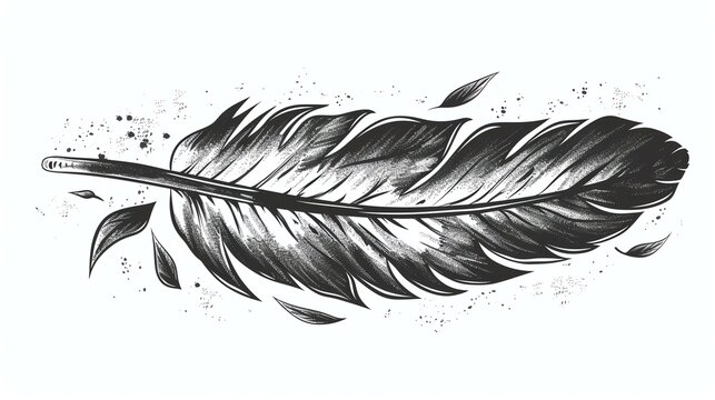 A beautiful black and white illustration of a feather. The feather is detailed and has a soft, delicate appearance.