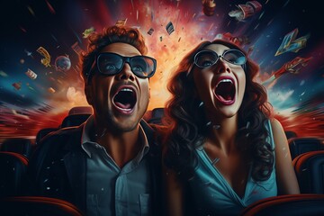 A man and woman, wearing 3D glasses, excitedly react to a thrilling scene as objects appear to burst from the screen in a theater.