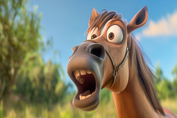 Animated Horse Expresses Shock with Wide Eyes and Open Mouth in Vivid Landscape. meme