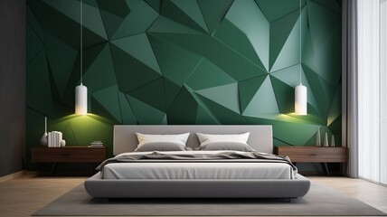 Fototapeta na wymiar An inviting bedroom adorned with minimalist emerald and white 3D wall designs, exuding sophistication.
