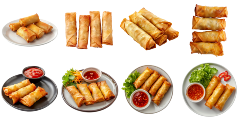 Fried spring roll transparent set collection in 3d png no background.