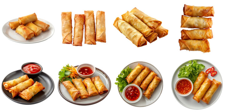 Fried spring roll transparent set collection in 3d png no background.