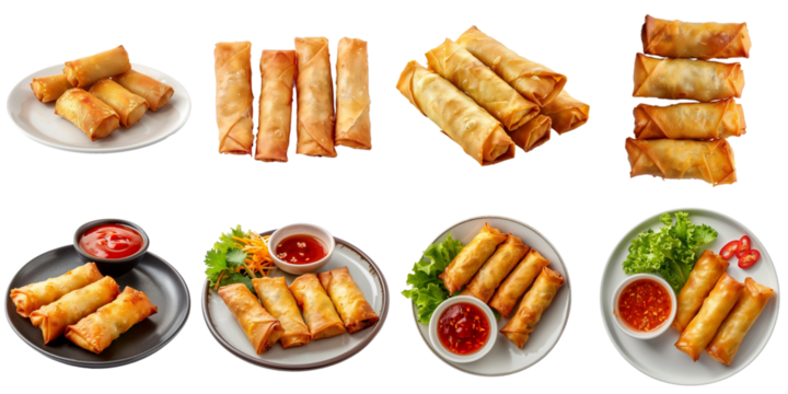 Fried spring roll transparent set collection in 3d png no background.