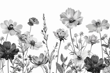Monochrome botanical floral pattern with various flowers. A seamless, elegant black and white floral pattern featuring assorted blooming flowers and foliage, perfect for a variety of design uses.