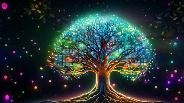 fireworks in the night sky and neon tree