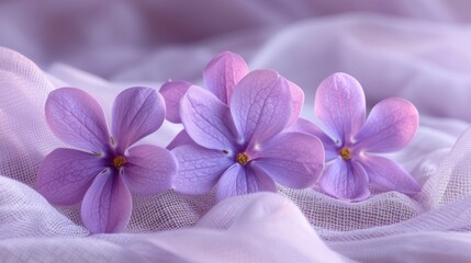 a group of purple flowers sitting on top of a white netted table cloth on top of a white table cloth.