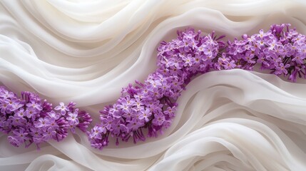 a bunch of purple flowers sitting on top of a white cloth covered bed sheet with a wave of white fabric in the background.