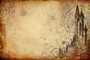 Fototapeta premium Fantasy castle illustration on old craft paper with grunge texture.