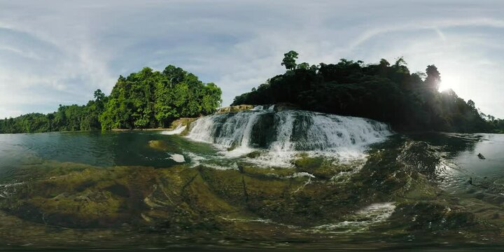 Rapid water stream over the bedrocks in Tinuy-an Falls in Bislig, Surigao del Sur. Philippines. VR 360.
