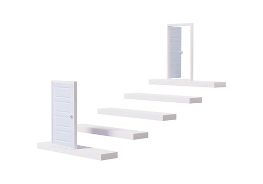 Stair with open doors the end. staircase strategy step by step growth, Development aspirations successful concept. isolated on transparent background. 3d rendering elements