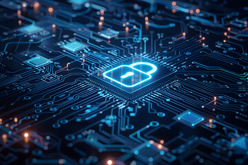 Advanced Circuit Board Featuring a Glowing Padlock Icon Symbolizing Cybersecurity