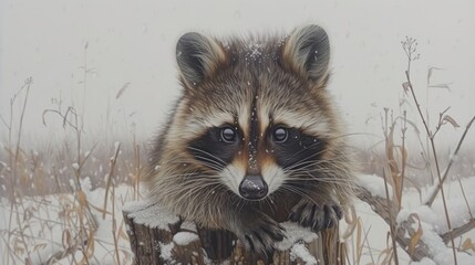Naklejka premium a raccoon standing in a snowy field with snow on it's fur and looking at the camera.