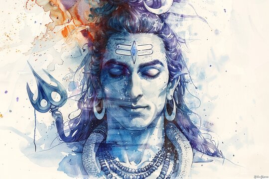 This enchanting watercolor illustration captures Lord Shiva's transcendental nature, featuring him in meditation with symbols like the trident and Ganga, radiating spiritual energy and wisdom