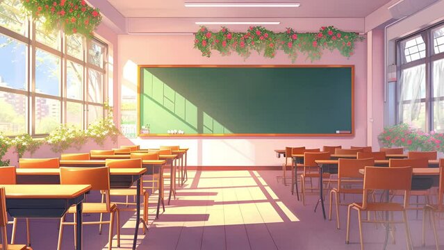 The empty school or university classroom, has a Japanese cartoon style feel with flower decorations on the greenboard; is perfect for background projects; 4k virtual video animation.