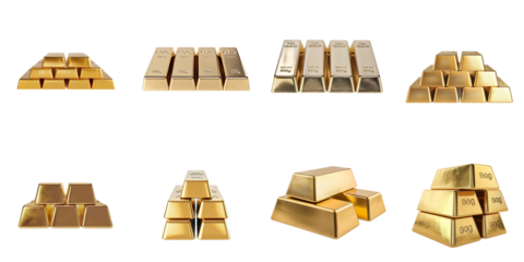 Set of gold bar transparent mockup in 3d without backoground png for decoration.