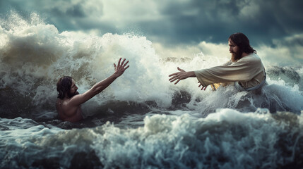 Jesus reaches out to Peter amidst turbulent waves, symbolizing faith overcoming fear, with copy space - obrazy, fototapety, plakaty