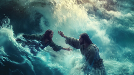 Jesus reaches out to Peter amidst turbulent waves, symbolizing faith overcoming fear, with copy space - obrazy, fototapety, plakaty