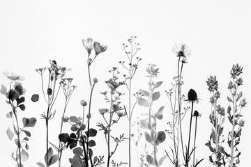 Monochrome botanical floral pattern with various flowers. A seamless, elegant black and white floral pattern featuring assorted blooming flowers and foliage, perfect for a variety of design uses. - obrazy, fototapety, plakaty