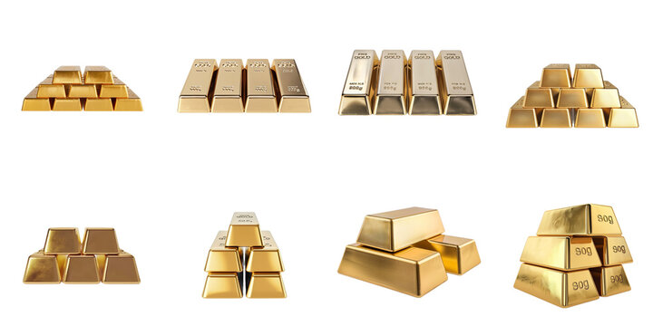 Set of gold bar transparent mockup in 3d without backoground png for decoration.