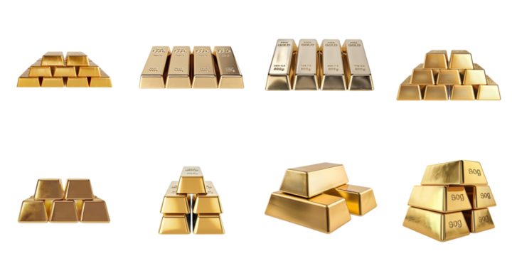 Set of gold bar transparent mockup in 3d without backoground png for decoration.