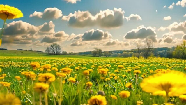 dandelions on a meadow and clouds and breeze blowing