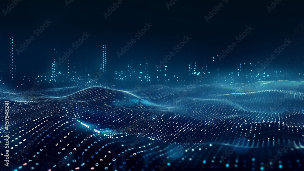 Poster glowing blue binary code waves on a digital network background