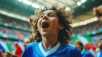 A happy fan at a public event in a stadium, holding an Italian flag with a smile and making a gesture, while enjoying the fun and leisure with a cheering crowd. AIG41