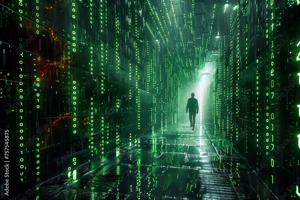Poster silhouetted figure walking towards light in a corridor of binary code