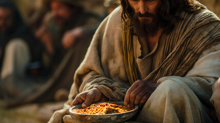 Highlighting Jesus’ provision, ensuring no one is left hungry, a symbol of hope and sustenance,...
