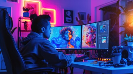 A creative professional is deeply focused on editing visual media on a computer, surrounded by a vibrant and artistic workspace. AIG41