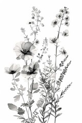 Naklejka premium Monochrome botanical floral pattern with various flowers. A seamless, elegant black and white floral pattern featuring assorted blooming flowers and foliage, perfect for a variety of design uses.