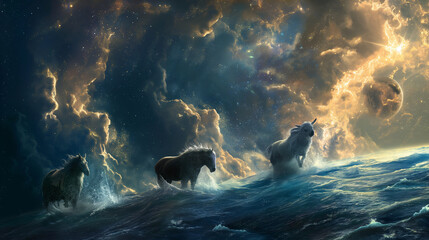 A surrealistic depiction of Daniel’s vision, with the four beasts emerging from a cosmic sea, under a sky of prophetic symbols, with copy space