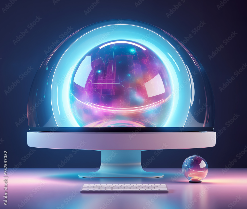 Poster futuristic computer with a holographic display on a dark background