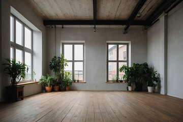 Obraz premium Empty room of modern contemporary loft with plants on wooden floor