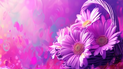 Obraz premium a basket filled with purple daisies sitting on top of a purple and pink flower filled floor next to a wall.