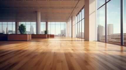 Fototapeta premium Modern empty open-plan office with natural light and urban skyline. Wooden design. Concept of workspace luxury, design aesthetics, metropolitan work life.