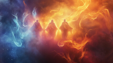 Shadrach, Meshach, and Abednego in the fiery furnace, depicted within a swirling nebula, highlighting their faith amidst trials, with copy space