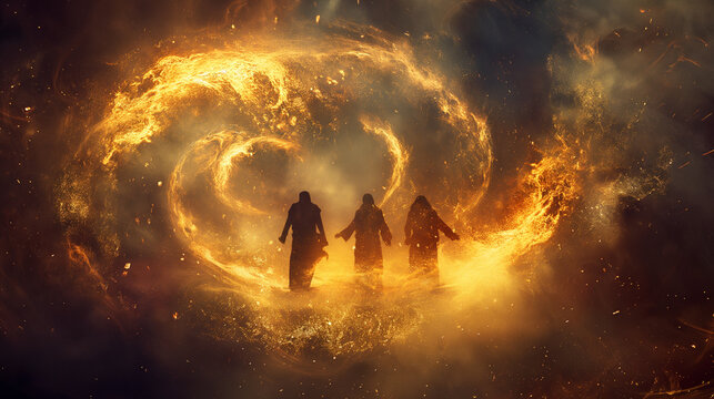 Shadrach, Meshach, and Abednego in the fiery furnace, depicted within a swirling nebula, highlighting their faith amidst trials, with copy space