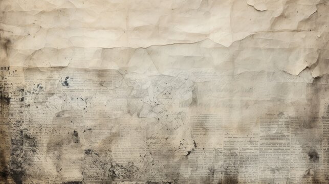 Aged Paper Texture With Faded Script And Ink Blots. Old Newspaper Textured Background. Time-aged Manuscript. Concept Of Overlay Template, Antiquity, Old Documents, And Vintage Aesthetic.